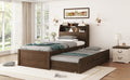 Twin Size Wooden Led Platform Bed With Trundle, With Storage Headboard, With Drawers, Brown Twin Brown Plywood