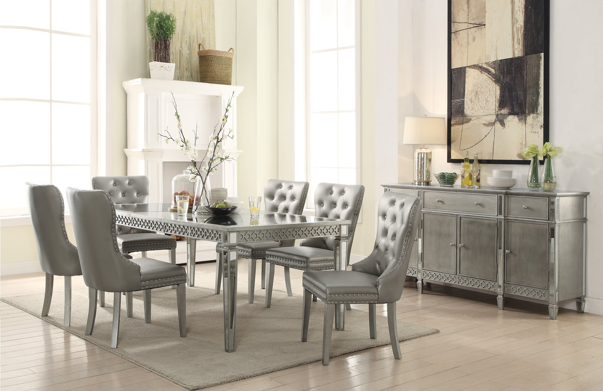Kacela Champagne Synthetic Leather & Champagne Finish Side Chair Set Of 2 Champagne Synthetic Wood