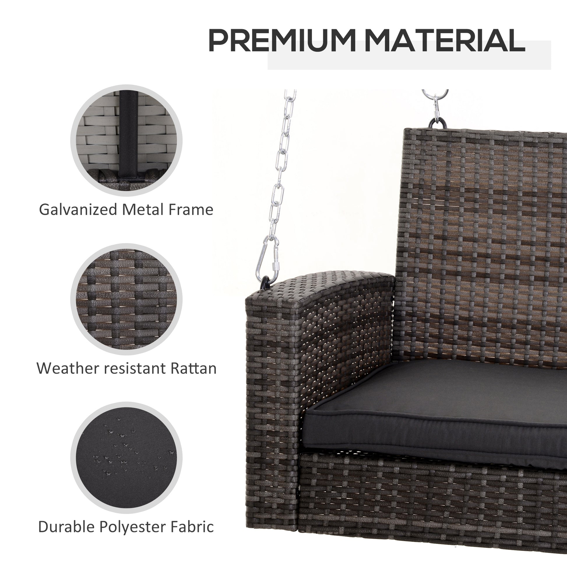Outsunny 2 Person Wicker Hanging Swing Bench, Front Porch Swing Outdoor Chair With Cushions 550 Lbs. Weight Capacity For Backyard, Garden, Grey Gray Rattan