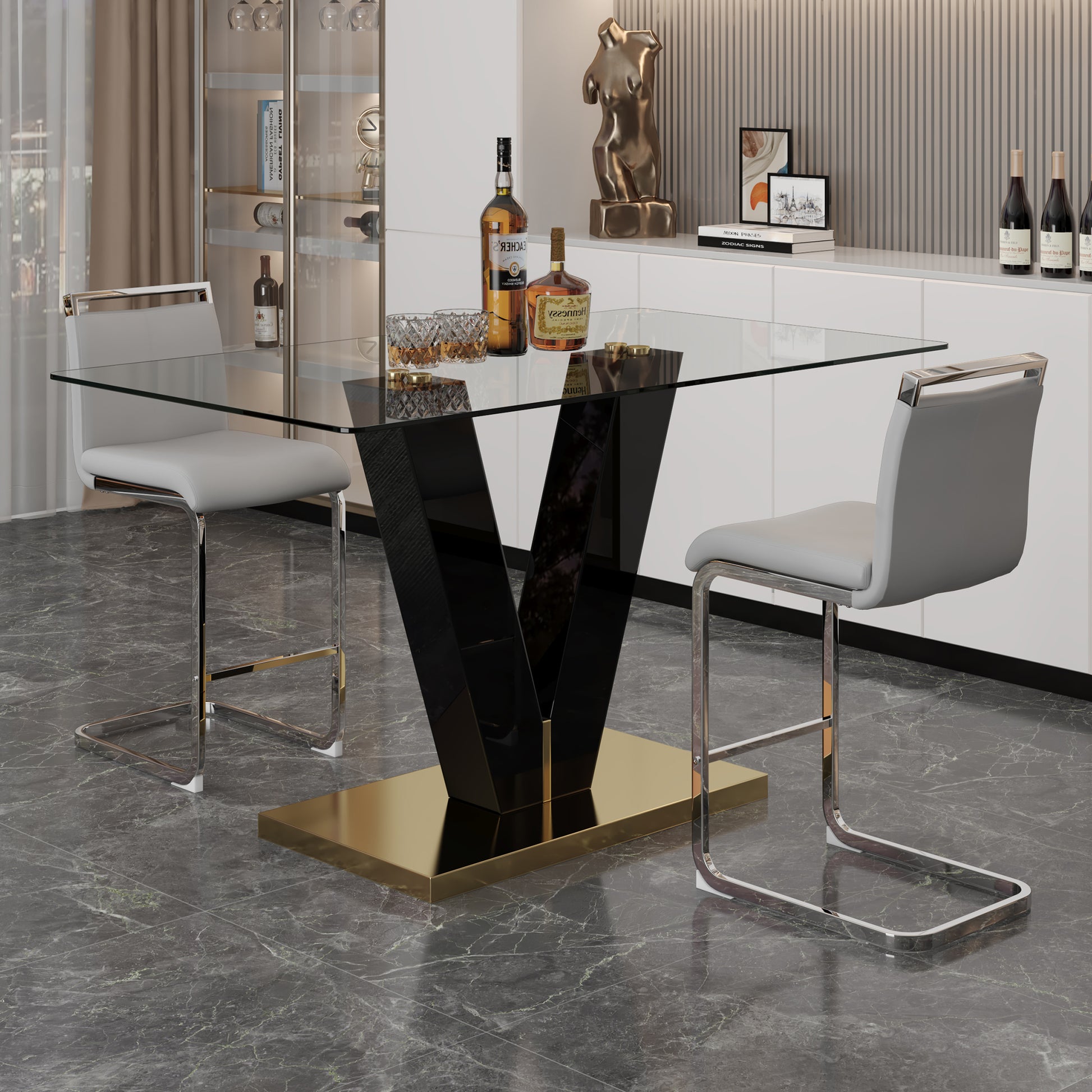 Table And Chair Set. A Rectangular Glass Dining Table With A 0.4 Inch Tempered Glass Tabletop And Mdf Board V Shaped Bracket, Paired With 2 Chairs Consisting Of Pu Seat Cushions And Silver Metal Legs. Black Gray Seats 2 Tempered Glass