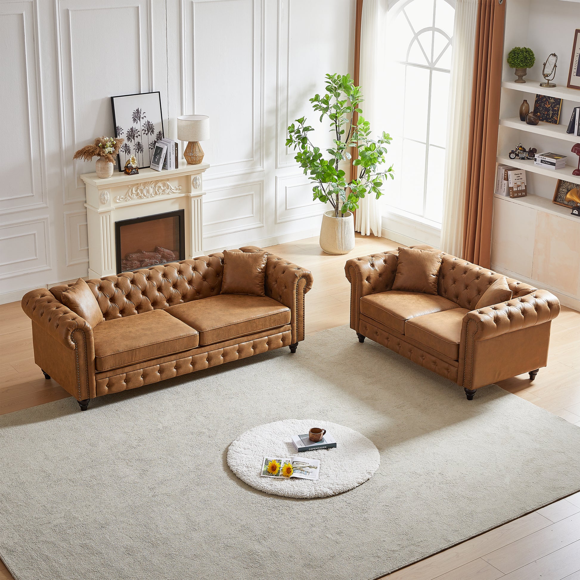 Fx 3 Seats 2 Seats Combo Sofa Modern Living Room Sofa With Solid Wood Frame And Wooden Feet, 4 Cushions, Apartment Sofa Furniture For Living Room, Living Room, Office Brown Wood Pine Foam Fabric 5 Seat