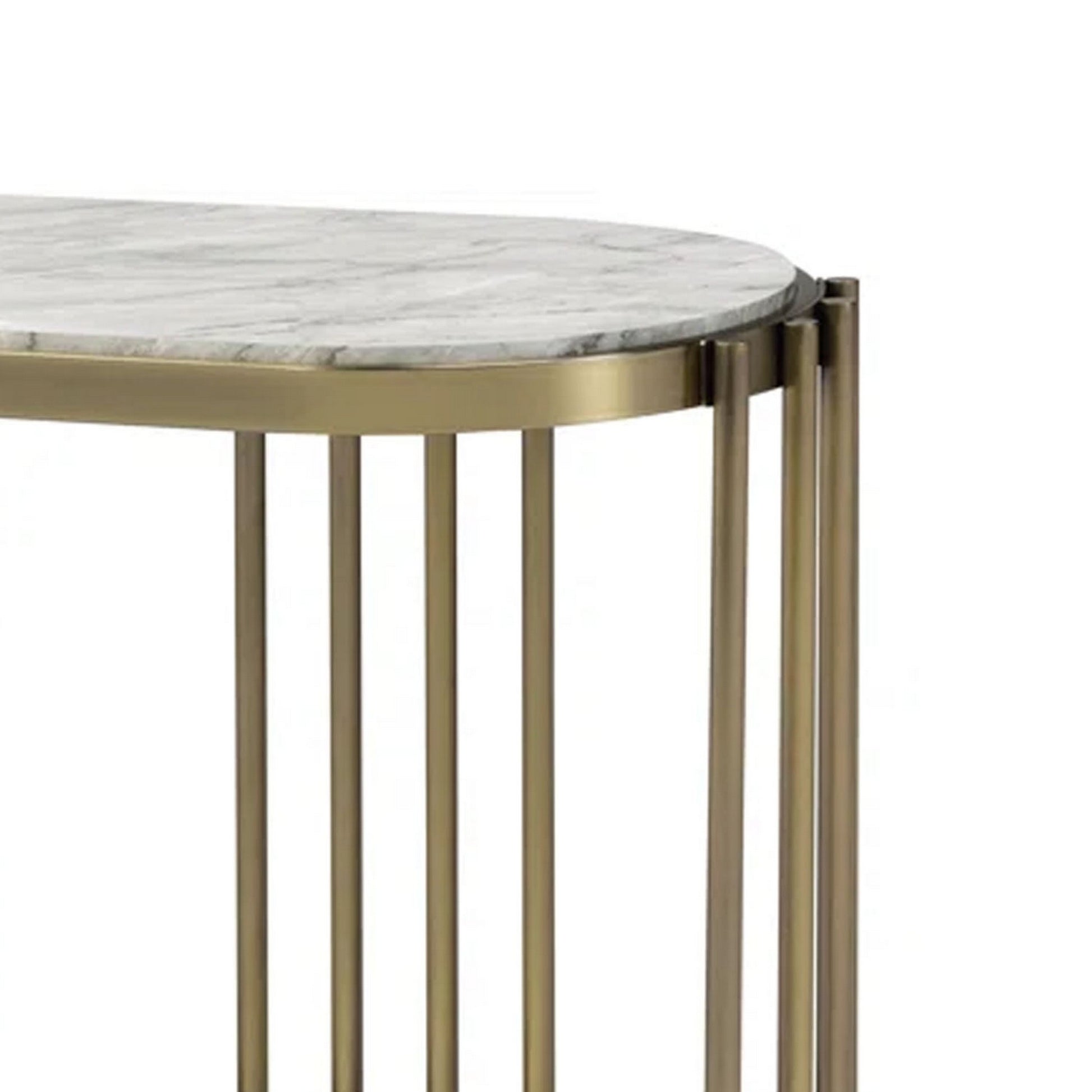 Kein 42 Inch Oblong Sofa Console Table, White Faux Marble Top, Steel Frame White Gold Marble Metal