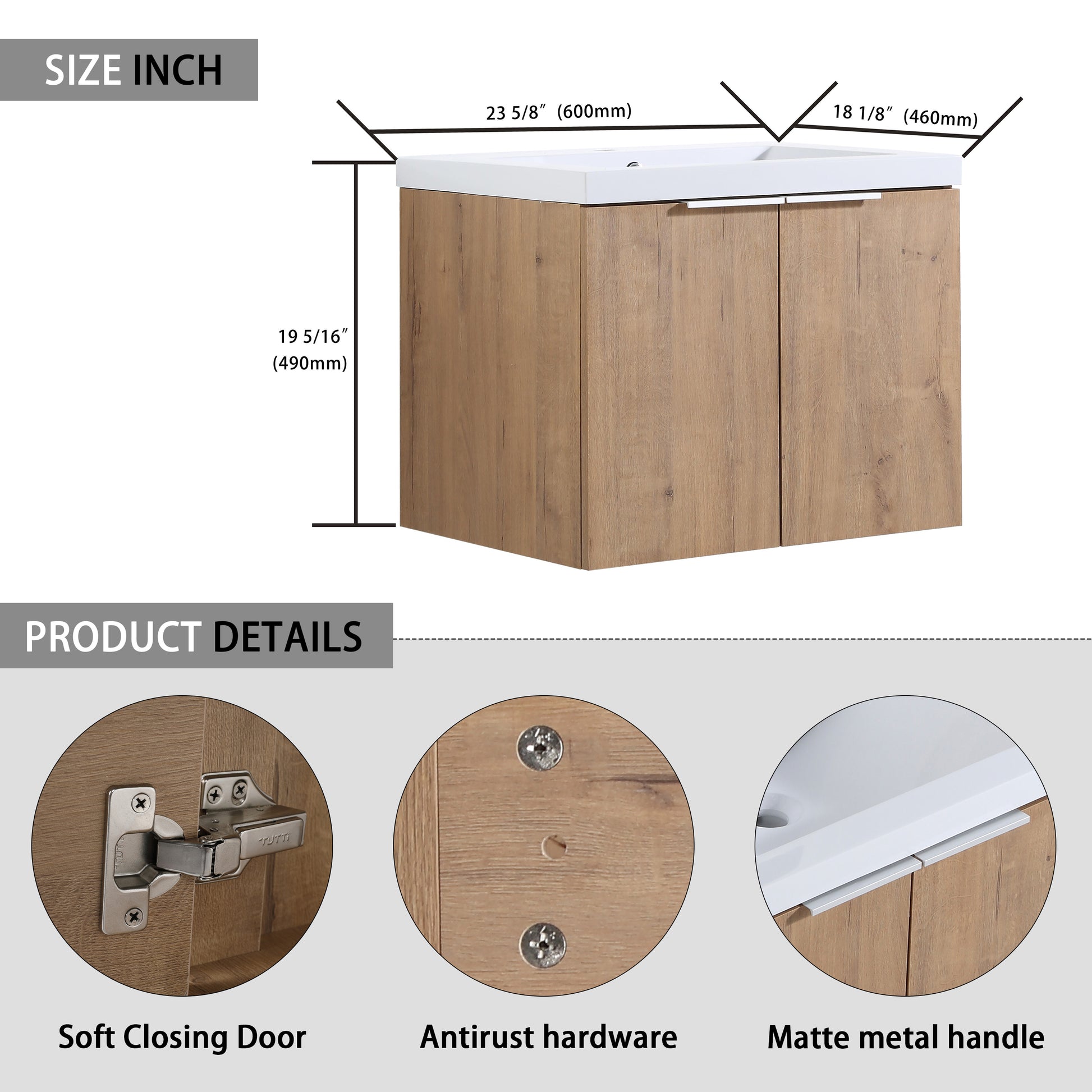 60" Wall Mounted Bathroom Vanity With Sink And Side Cabinet, Soft Close Doors,00112Imox2 0624Imox2 0612Gwh Combination Cabinet Kd Packing Imitative Oak Bathroom Modern Plywood Plywood
