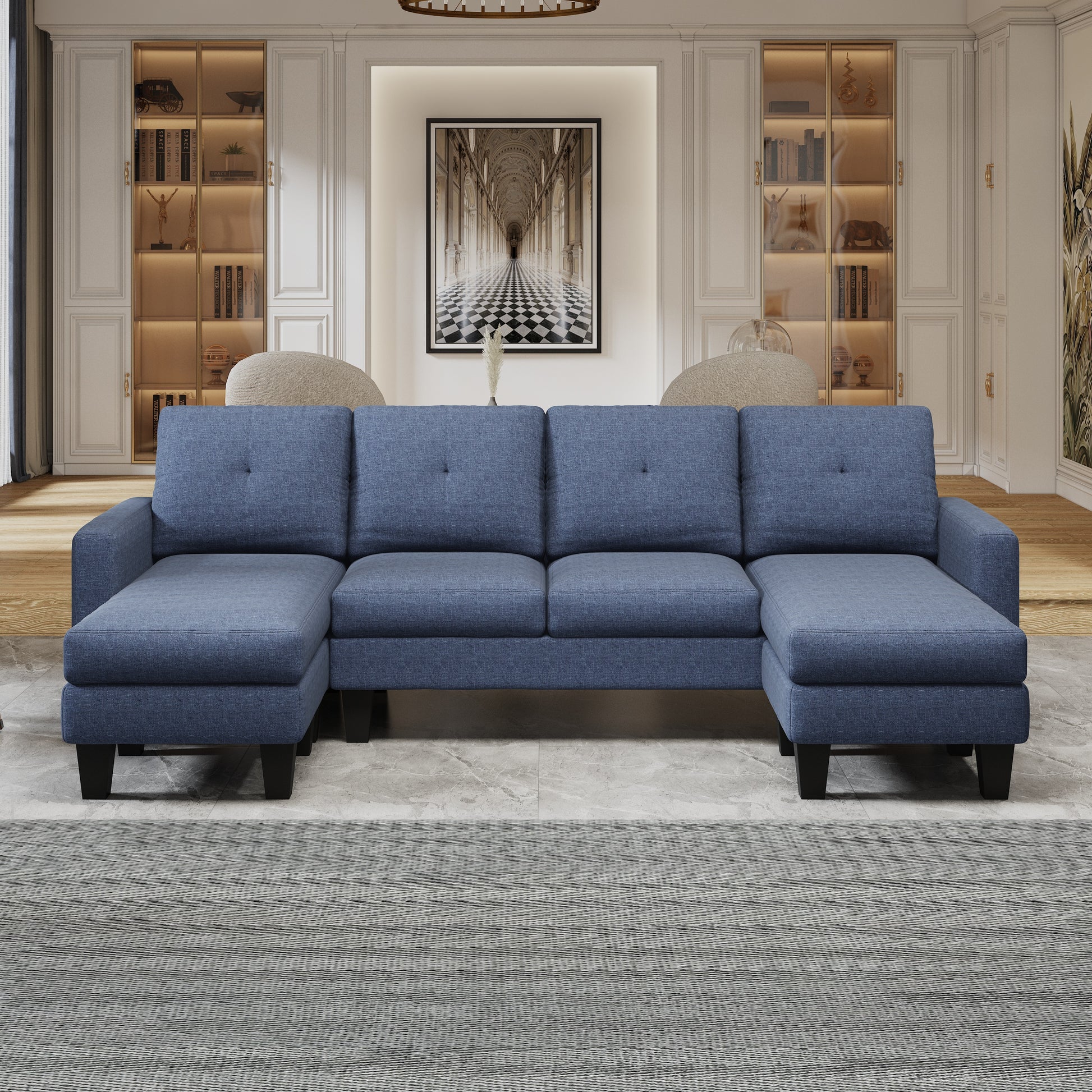 U Shaped Sofa Coch 4 Seat Sofa With Chaise Polyester Fabric For Living Room Apartment Office Blue Blue Primary Living Space Soft Eucalyptus Foam Linen 4 Seat