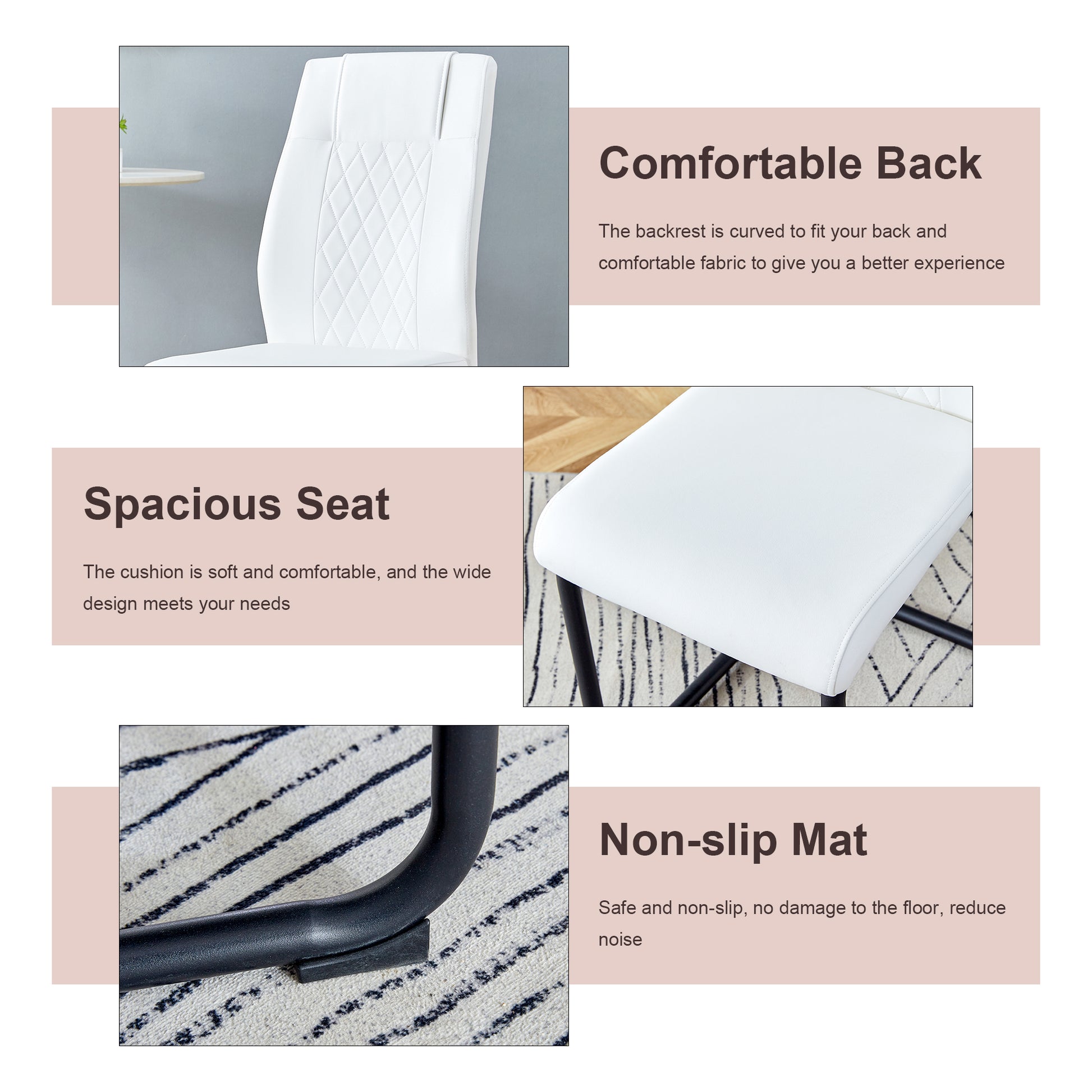 Table And Chair Set. Large Modern Rectangular Table With Black Textured Top And Black Metal Legs. Soft And Comfortable Pu Seats, Faux Leather Upholstered Seats And Sturdy Metal Legs. White Black Seats 4 Sintered Stone