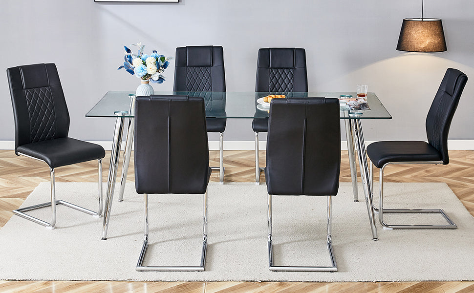 Table And Chair Set.Modern Rectangular Glass Dining Table With A Tempered Glass Tabletop And Silver Metal Legs, Paired With Multiple Chairs Designed With Pu Cushions And Silver Metal Legs. Black Silver Seats 6 Tempered Glass