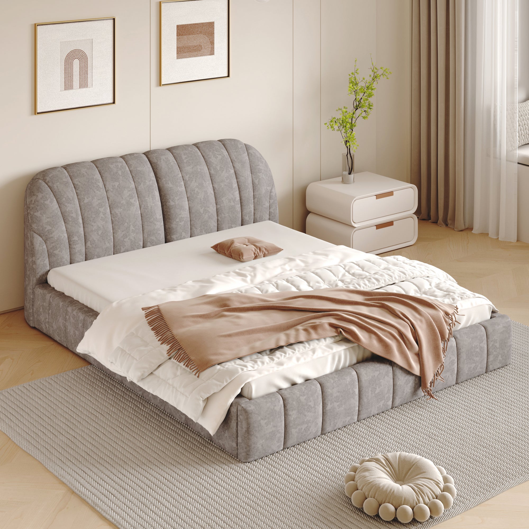 Queen Size Upholstered Platform Bed With Thick Fabric, Polyester, Gray Queen Gray Polyester