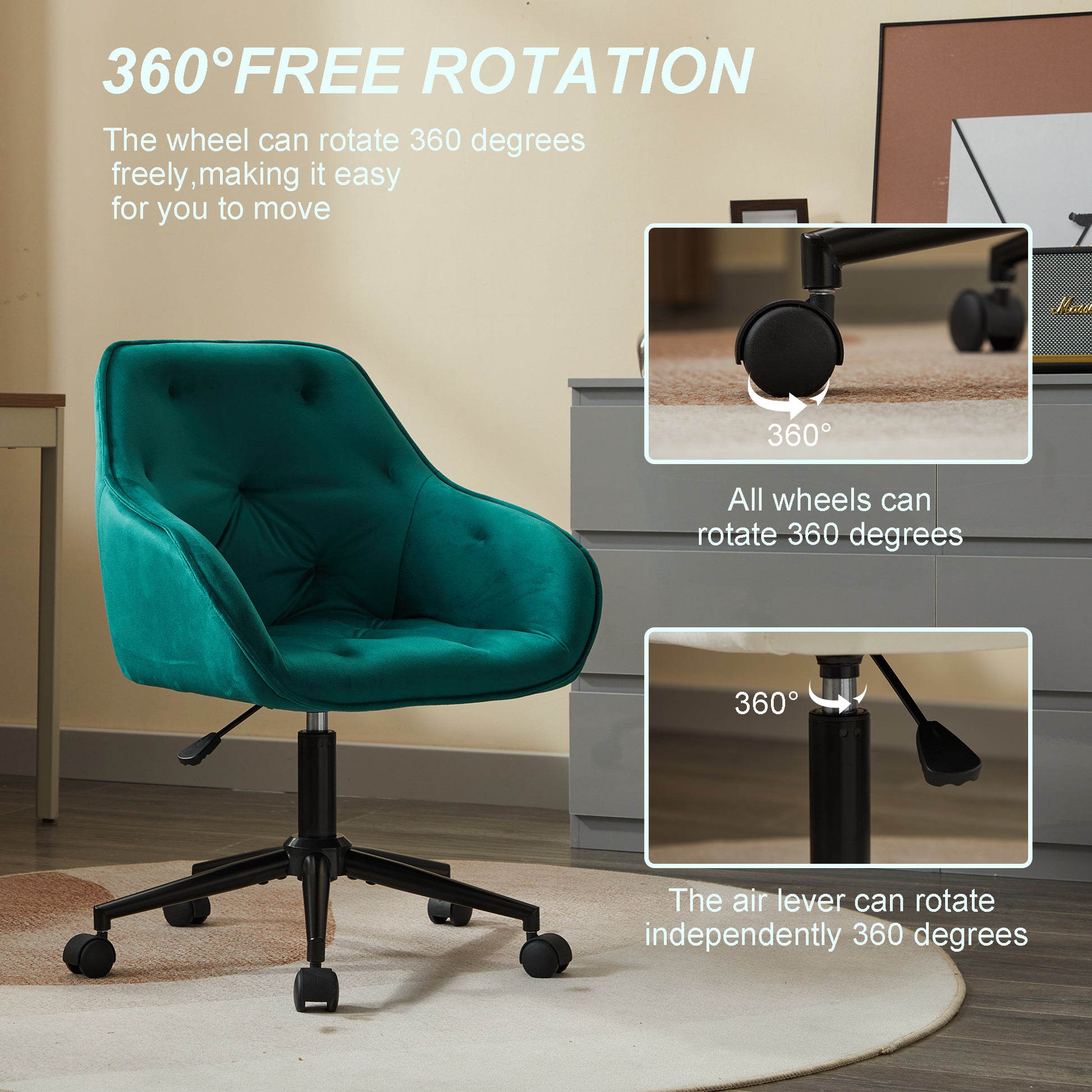 Elegent Velvet Office Chair With Wheels, Makeup Vanity Chair Height Adjustable For Teens Women Girls, Comfy Swivel Modern Leisure Armchair For Home Office, Bedroom, Study And Vanity. Green Green Primary Living Space Luxury,Modern Foam Iron