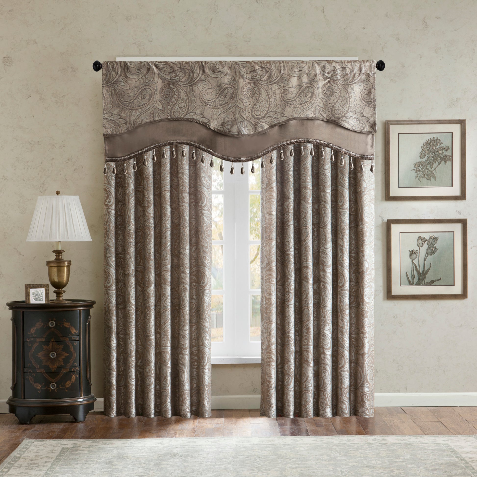 Jacquard Window Rod Pocket Valance With Beads Blue Brown 50X18" Blue Brown Polyester