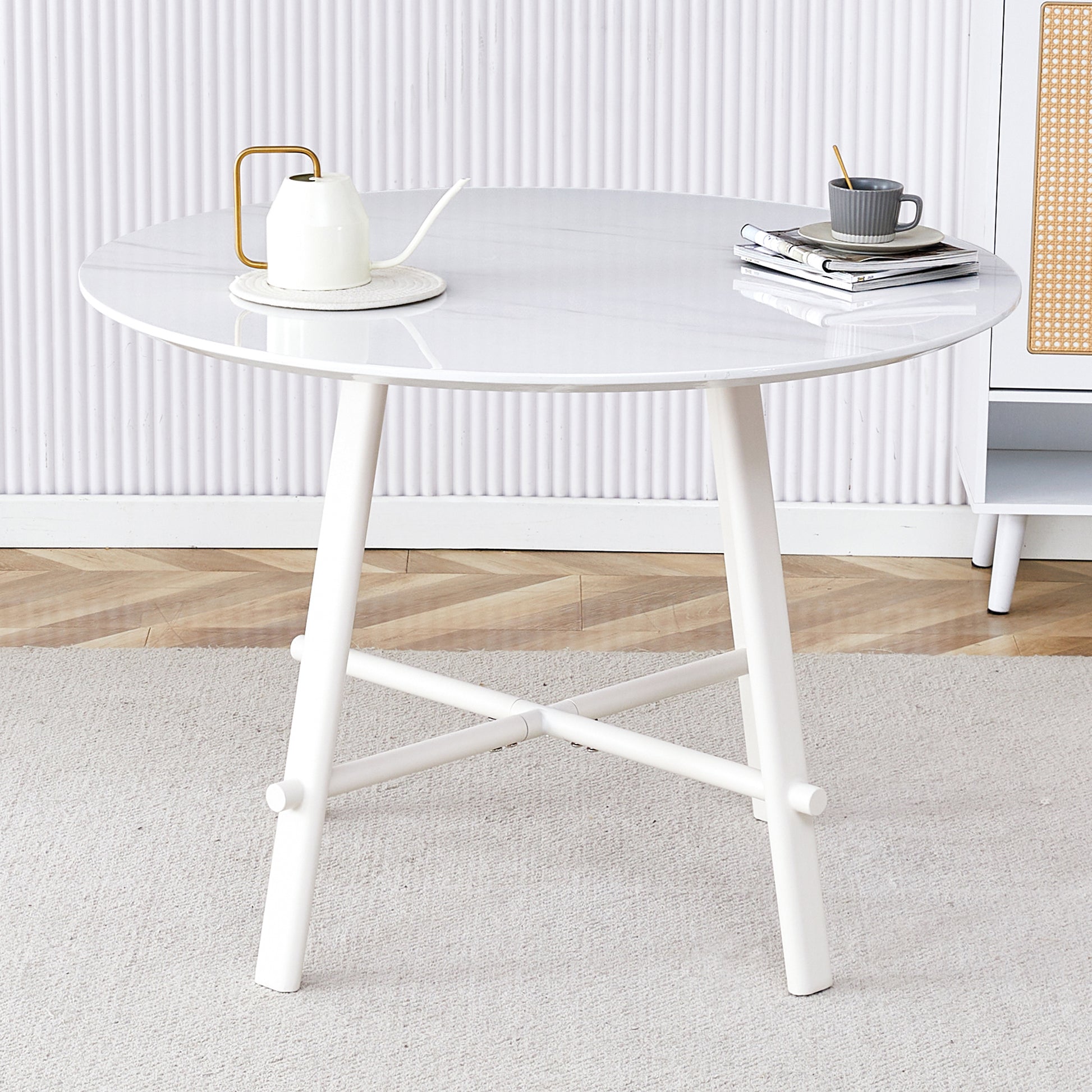 A Modern Minimalist Circular Dining Table With A 42 Inch Diameter White Patterned Tabletop And White Metal Legs. Suitable For Restaurants, Living Rooms, And Conference Rooms. White Mdf Metal