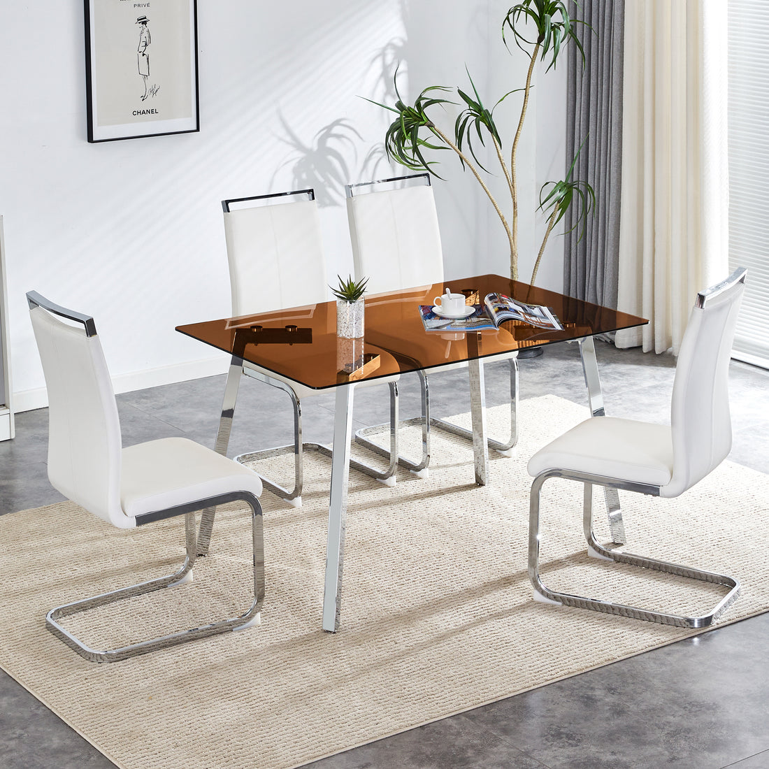 1 Table And 4 Chairs, Brown Tempered Glass Tabletop And Silver Metal Legs, Modern Minimalist Style Rectangular Glass Dining Table, Paired With 4 Modern Silver Metal Leg Chairs. 1123C 1162 Brown Seats 4 Glass