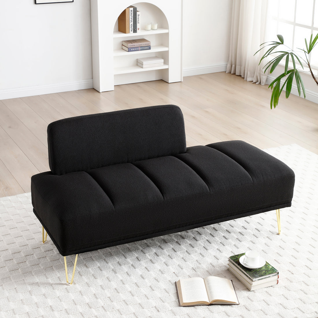 56.3"Inch Width Modern End Of Bed Bench,Teddy Fabric Upholstered 2 Seater Sofa Couch Entryway Ottoman Bench, Fuzzy Sofa Stool Footrest Window Bench With Gold Metal Legs For Bedroom, Living Room,Black Black Wood Modern Foam Teddy 2 Seat