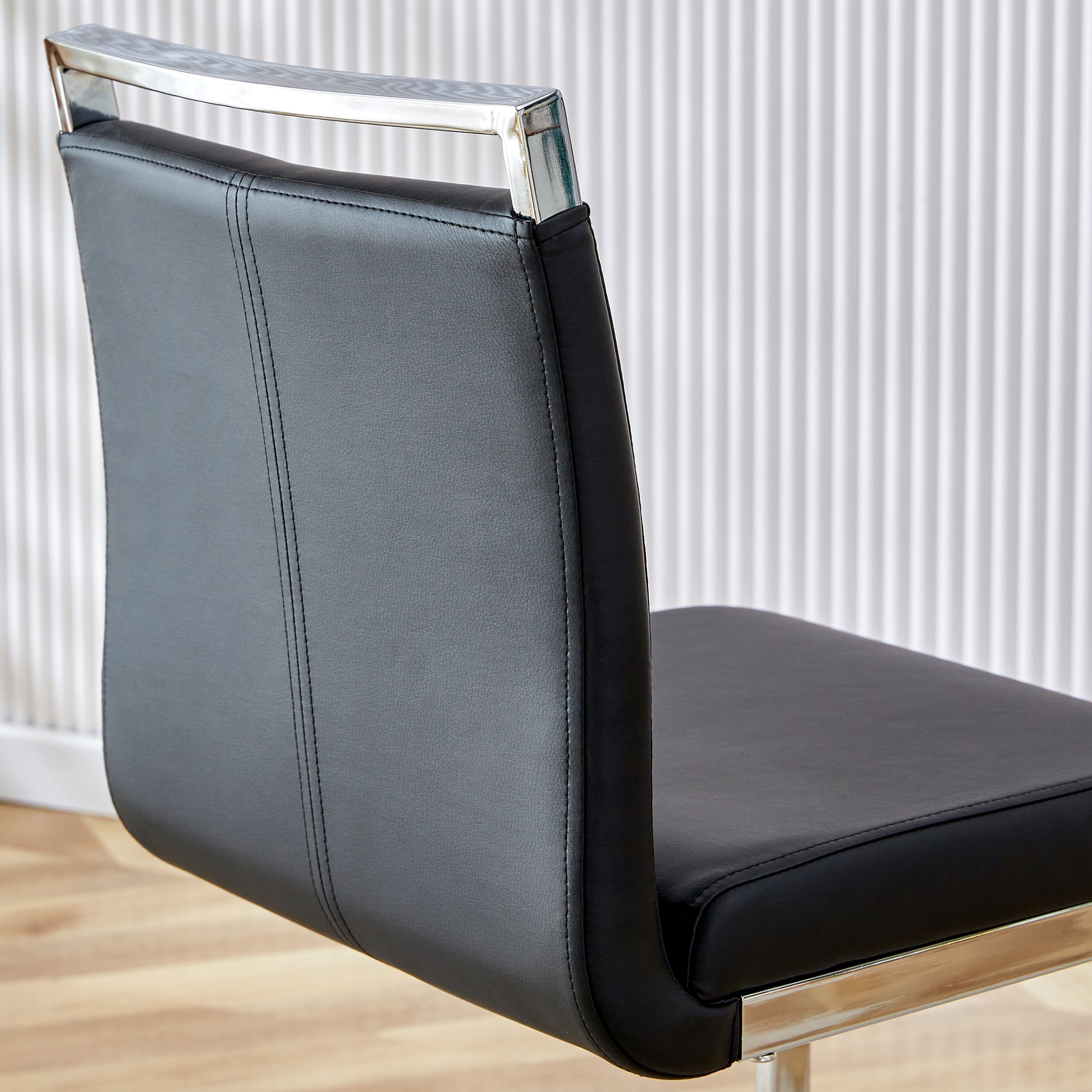 Table And Chair Set. A Rectangular Glass Dining Table With A 0.4 Inch Tempered Glass Tabletop And Mdf Board V Shaped Bracket, Paired With 2 Chairs Consisting Of Pu Seat Cushions And Silver Metal Legs. Black Seats 2 Tempered Glass