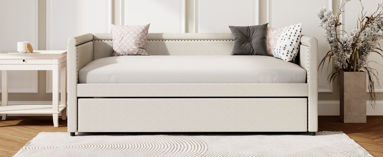 Modern Style Twin Size Upholstered Daybed With Trundle For Guest Room, Small Bedroom, Study Room, Beige Box Spring Not Required Twin Beige Wood Bedroom Traditional Daybeds Linen Upholstered