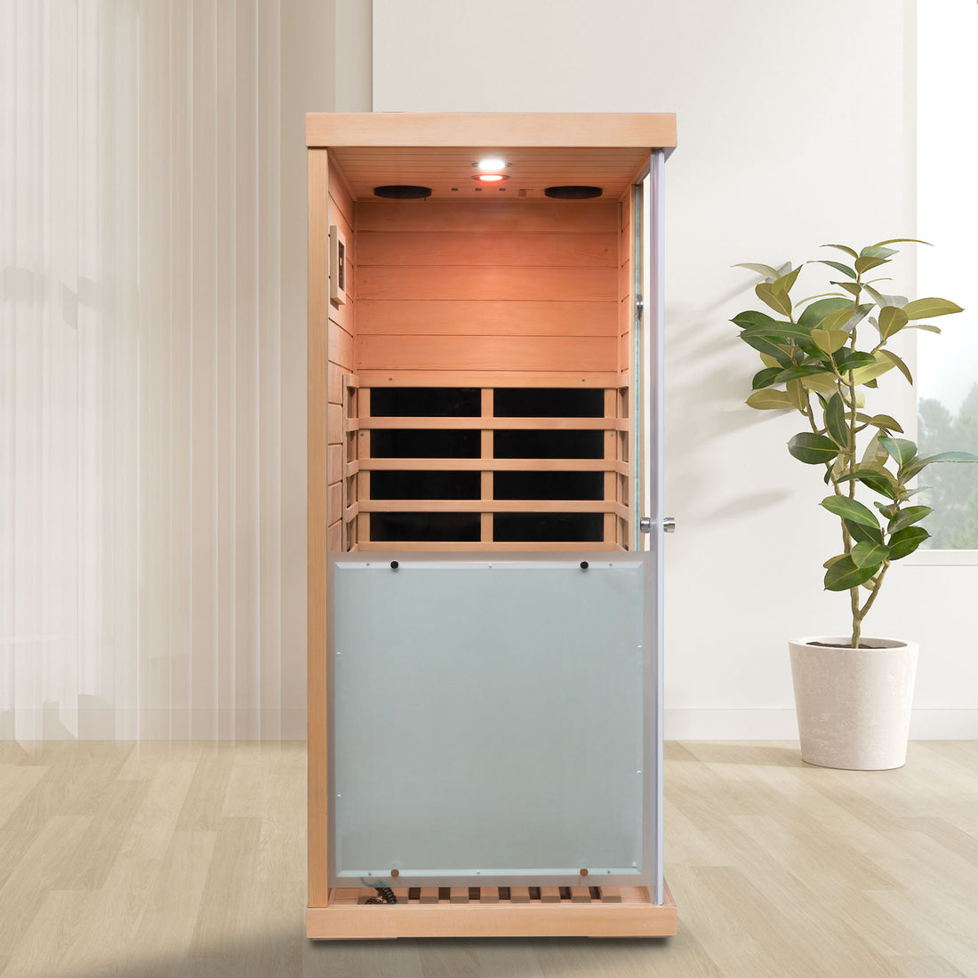Large Glass Mini Hemlock Sauna With Left Door Opening Natural Wood Metal & Wood