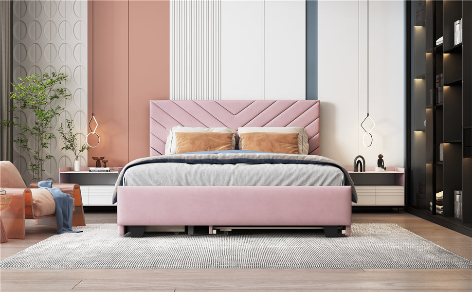 Queen Size Upholstered Platform Bed With Twill Headboard, Pullout Bed And Two Drawers, Flannel,Pink Queen Pink Mdf Lvl