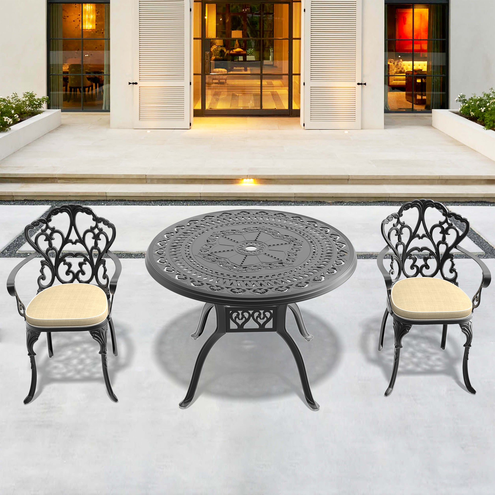 Cushions In Random Colors 3 Piece Set Of Cast Aluminum Patio Furniture With Cushions Yes Complete Patio Set Black Seats 2 Rust Resistant Frame Water Resistant Cushion Garden & Outdoor Complete Patio Sets Aluminium