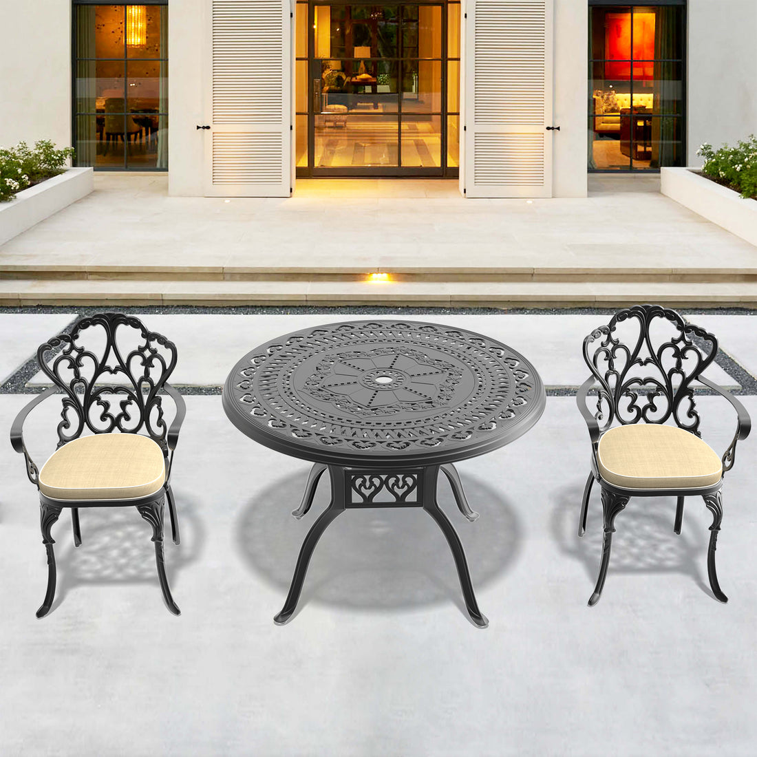 Cushions In Random Colors 3 Piece Set Of Cast Aluminum Patio Furniture With Cushions Yes Complete Patio Set Black Seats 2 Rust Resistant Frame Water Resistant Cushion Garden & Outdoor Complete Patio Sets Aluminium