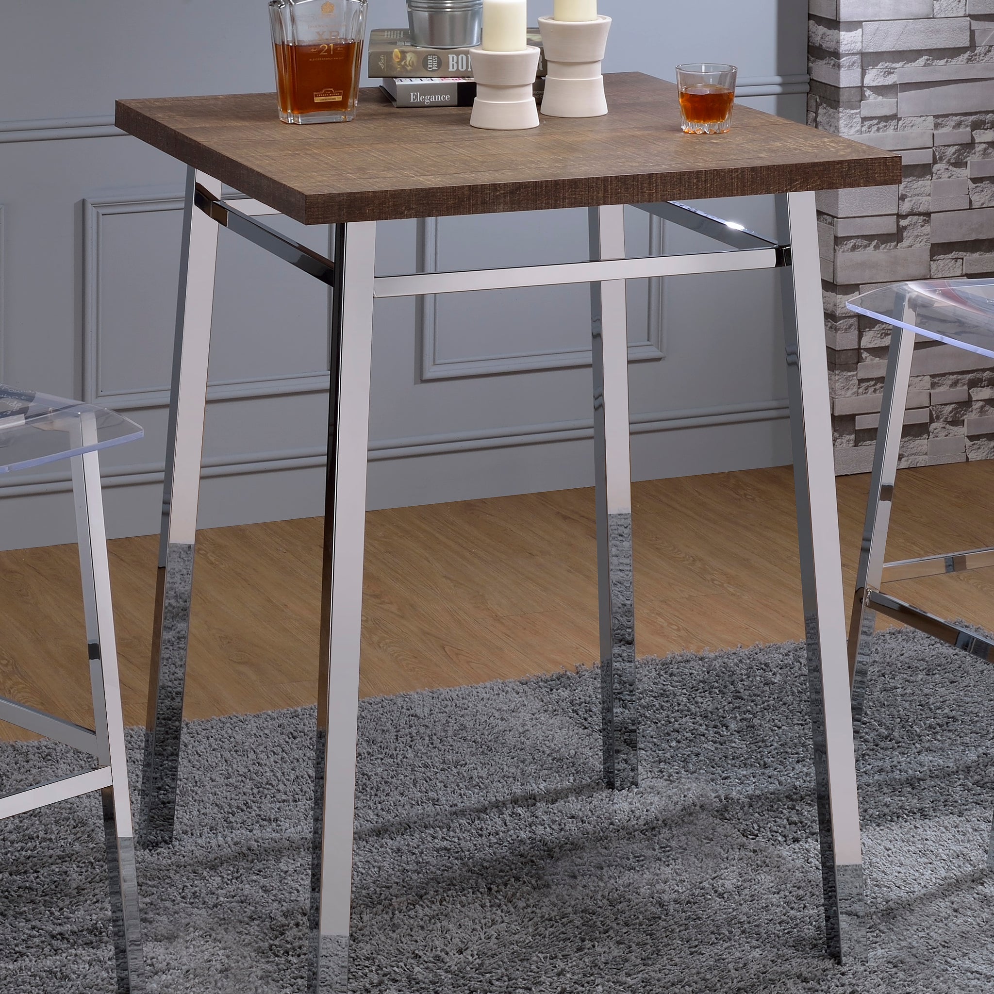 Oak And Chrome Square Bar Table Oak Primary Living Space Contemporary Rectangular Wood Metal