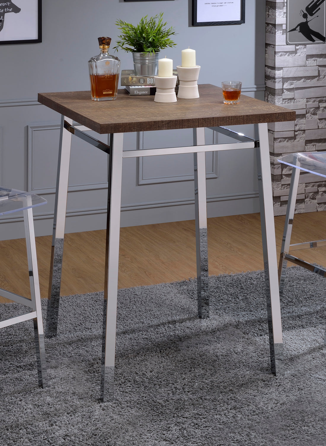 Oak And Chrome Square Bar Table Oak Primary Living Space Contemporary Rectangular Wood Metal