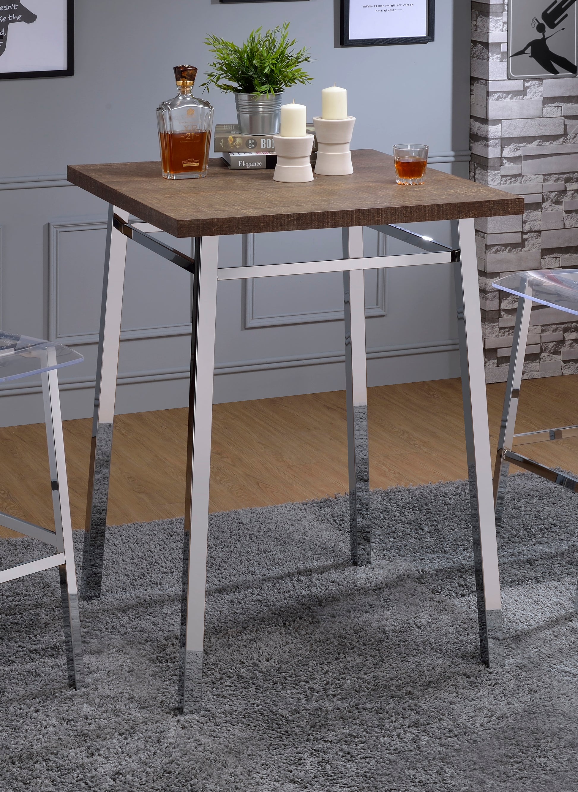 Oak And Chrome Square Bar Table Oak Primary Living Space Contemporary Rectangular Wood Metal