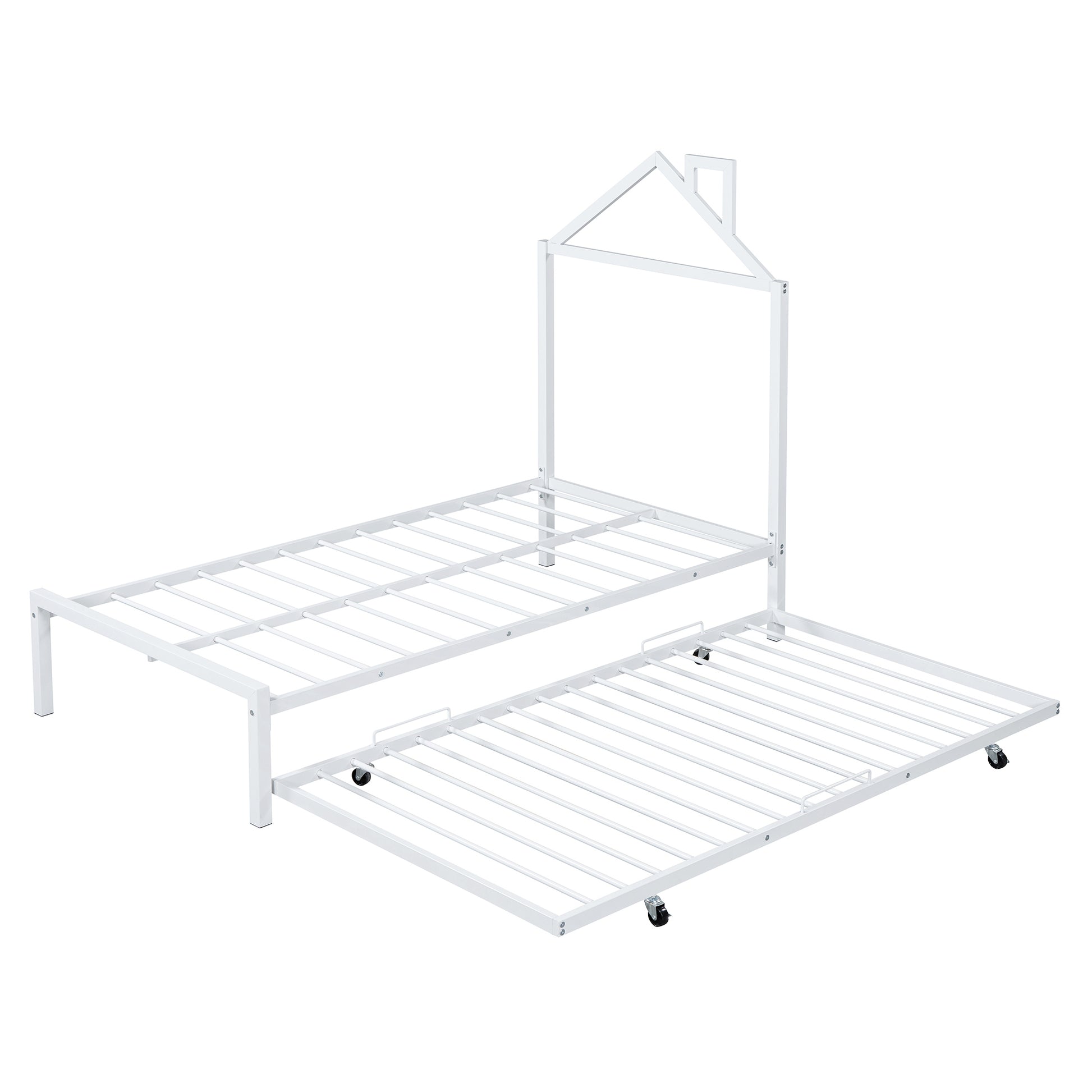 Twin Size Metal Platform Bed With Twin Size Trundle,House Shaped Headboard Design, White Twin White Metal