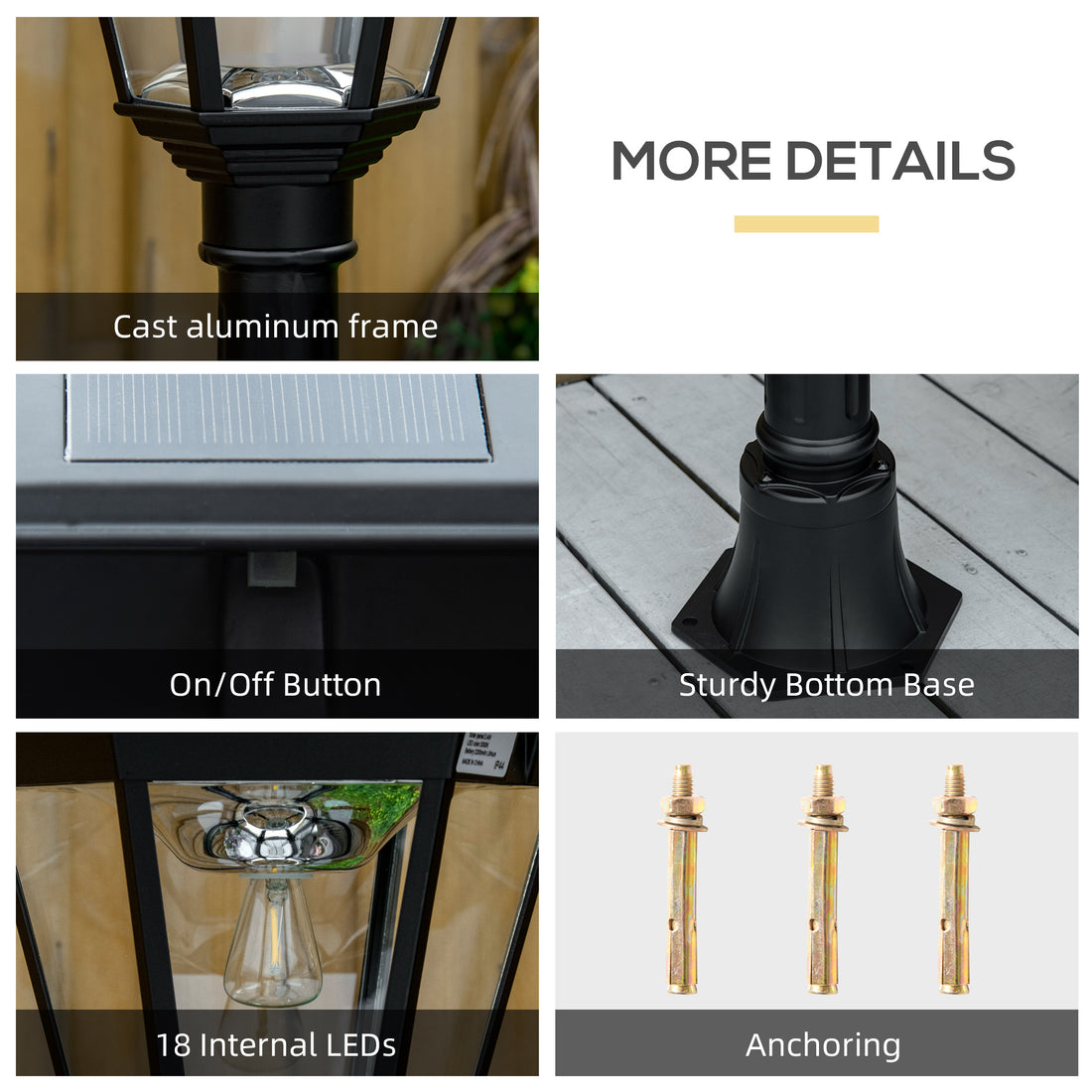 Outsunny 77" Solar Lamp Post Light, Waterproof Aluminum Outdoor Vintage Street Lamp, Motion Activated Sensor Pir, Adjustable Brightness, For Garden, Lawn, Pathway, Driveway, Black Black Aluminum
