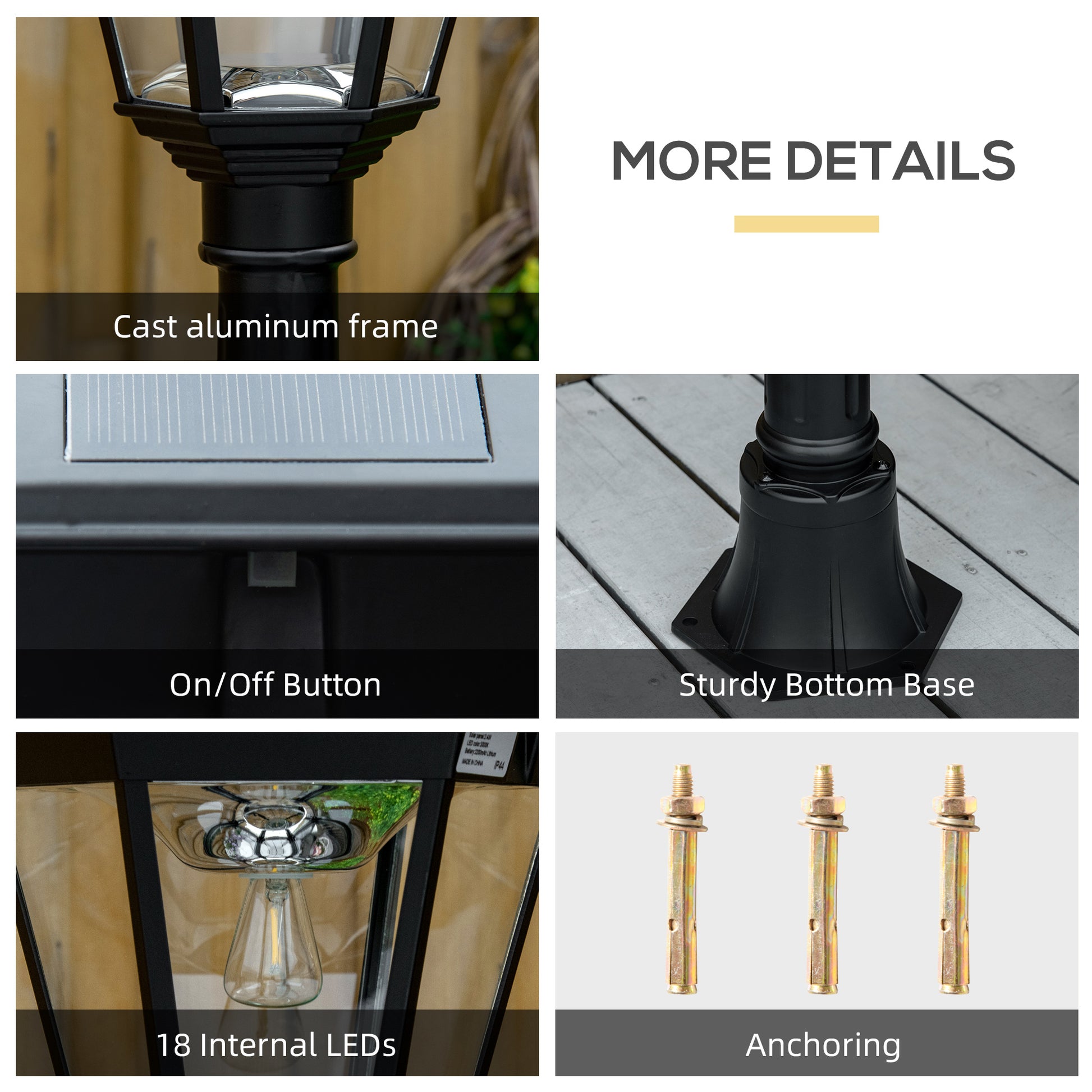 Outsunny 77" Solar Lamp Post Light, Waterproof Aluminum Outdoor Vintage Street Lamp, Motion Activated Sensor Pir, Adjustable Brightness, For Garden, Lawn, Pathway, Driveway, Black Black Aluminum