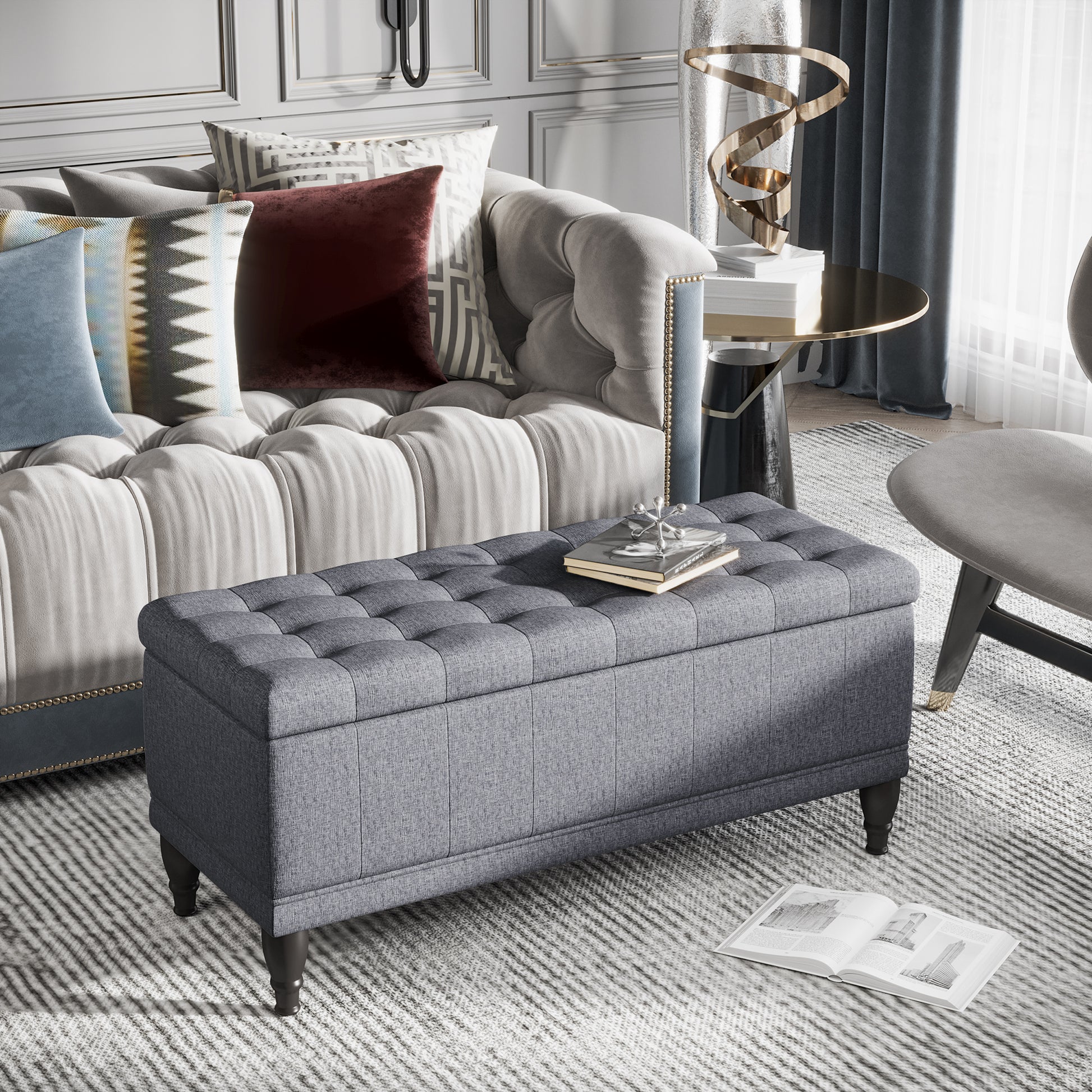 Homcom Storage Ottoman, Linen Fabric Button Tufted Storage Bench With Soft Close Lid For Living Room, Entryway Or Bedroom, Dark Heather Grey Grey Fabric