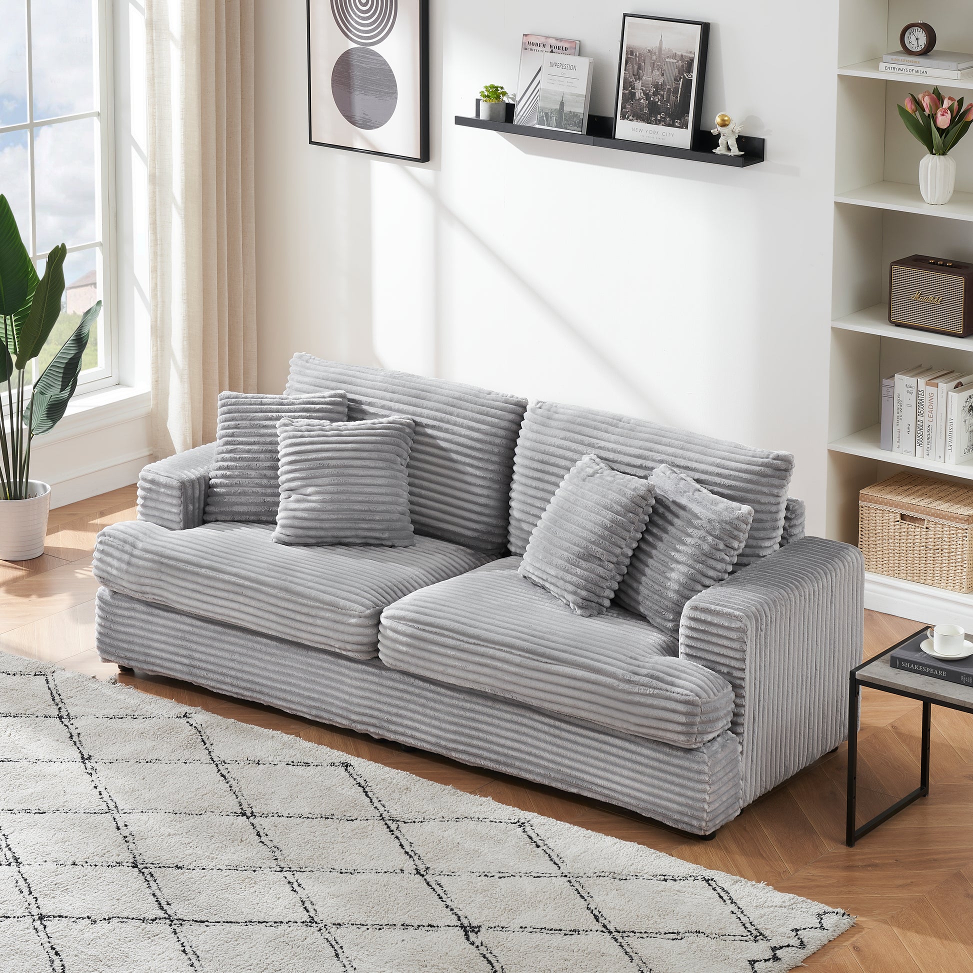 79.3Nch Corduroy Sofa With 4 Matching Toss Pillows Sleek Design Spacious And Comfortable 3 Seater Couch For Modern Living Room,Gray Gray Corduroy 3 Seat