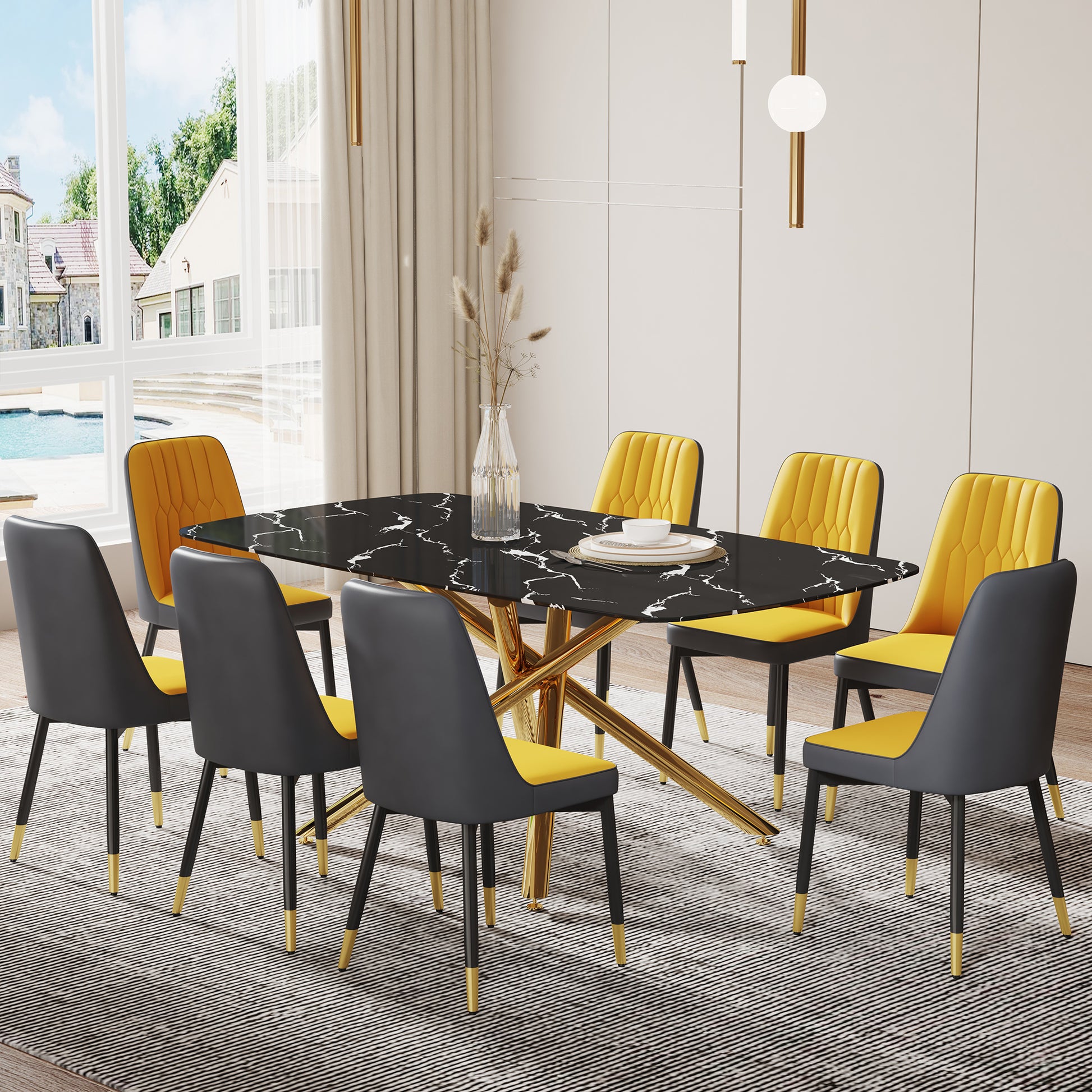Large Modern Minimalist Rectangular Dining Table With 0.39 "Imitation Marble Black Tabletop And Golden Metal Legs, Paired With Chairs With Pu Cushions And Black Metal Legs. F 1537 C 007 Black Gold Glass Metal