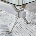 Dining Table. Modern Tempered Glass Dining Table. Large Modern Office Desk With Silver Plated Metal Legs And Mdf Crossbars, Suitable For Both Home And Office Use. Kitchen. 71 ''X35.4''X30 '' 1105 Transparent Glass