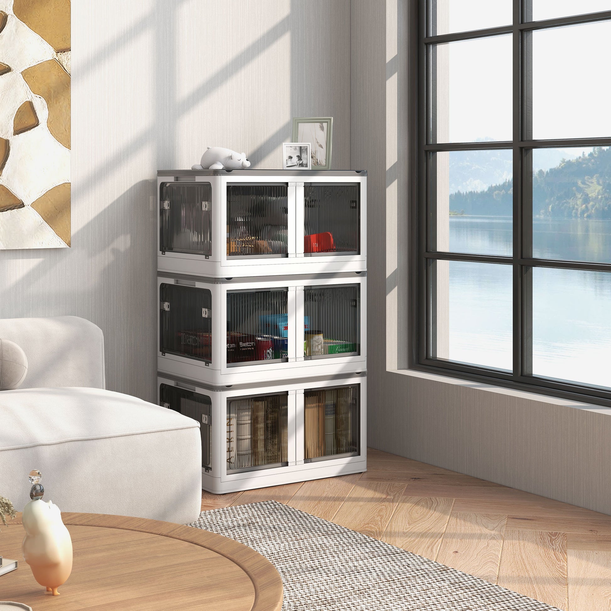 Homcom 32 Gal Stackable Storage Bins With Lids, 3 Packs Collapsible Closet Organizers And Storage, Plastic Drawer Storage Container On Wheels With 5 Sided Access, Doors For Blankets, White White