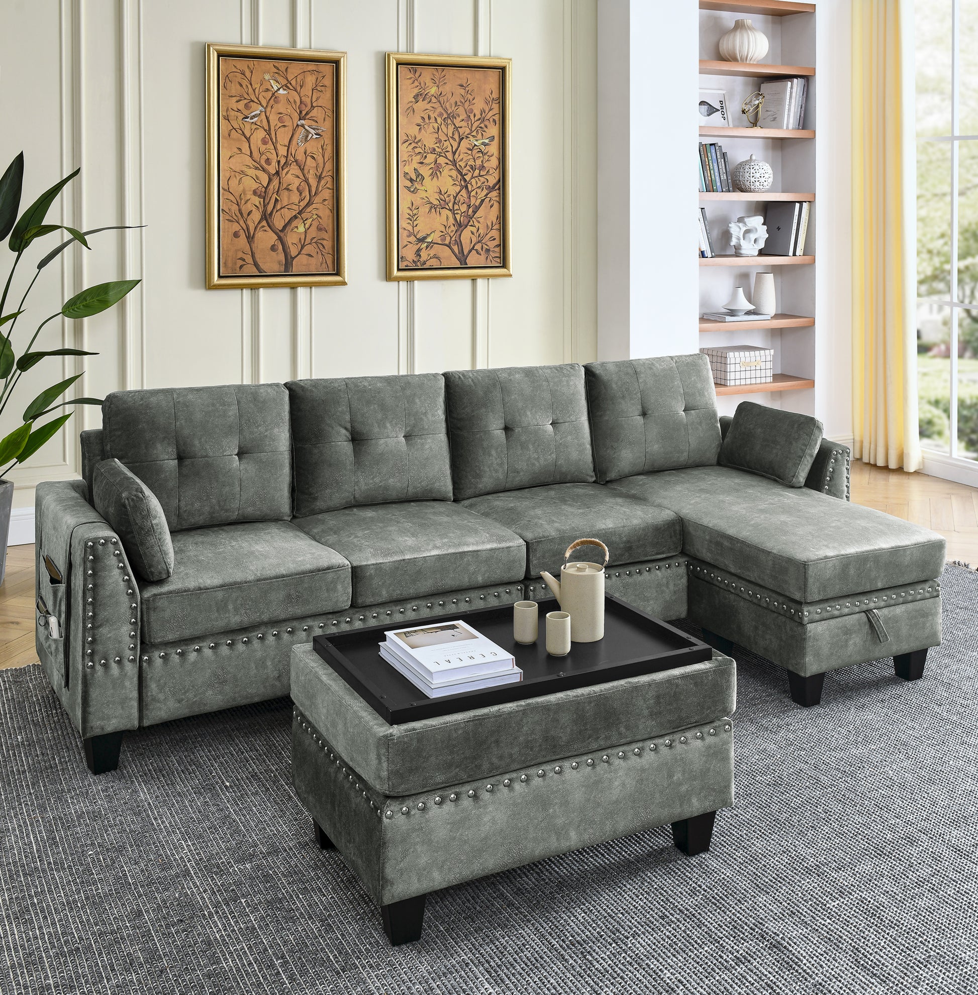 Sectional 3 Seaters Sofa ,Double Sided Multi Functional Footstool, Storage Matnon Slip Leg, Two Pillows, Velvet, Light Grey Light Grey Velvet 3 Seat