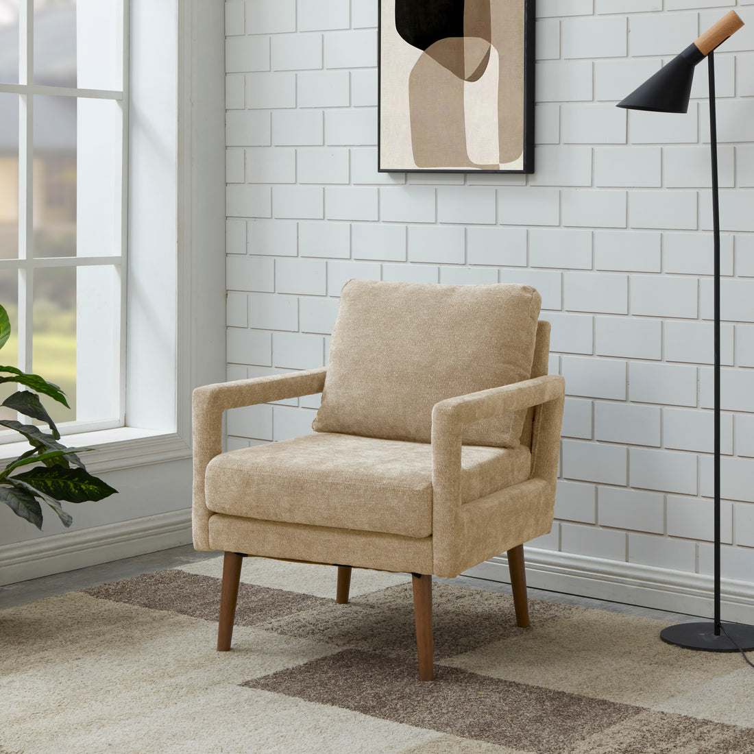 Mid Century Armchairaccent Chair With Chenille Armrest & Soft Cushion For Living Room, Bedroom, Home Office, Study, Beige Beige Foam Wood Fabric