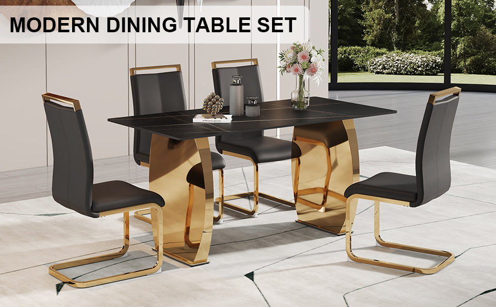 Table And Chair Set,Modern Rectangular Table With 0.4 Inch Black Patterned Tabletop And Gold Legs, Suitable For Kitchen, Dining Room, And Living Roomcomfortable Pu Seats,Perfect For Dinner, Meet Black Seats 4 Sintered Stone