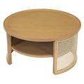 2 Tiered Round Natural Wood Coffee Table With Storage Rattan Base In 31.3'' Natural Rubber Wood