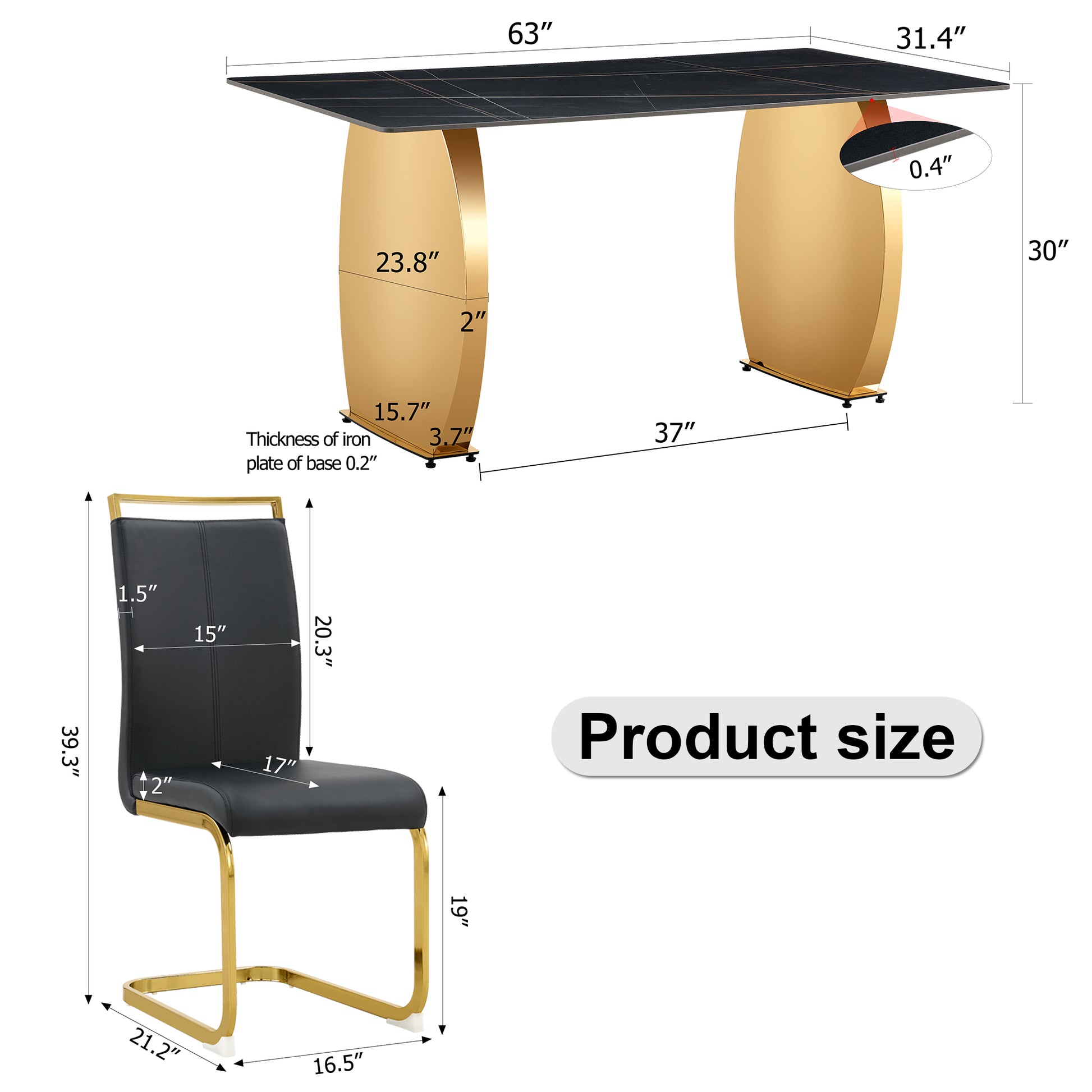 Table And Chair Set,Modern Rectangular Table With 0.4 Inch Black Patterned Tabletop And Gold Legs, Suitable For Kitchen, Dining Room, And Living Roomcomfortable Pu Seats,Perfect For Dinner, Meet Black Seats 4 Sintered Stone