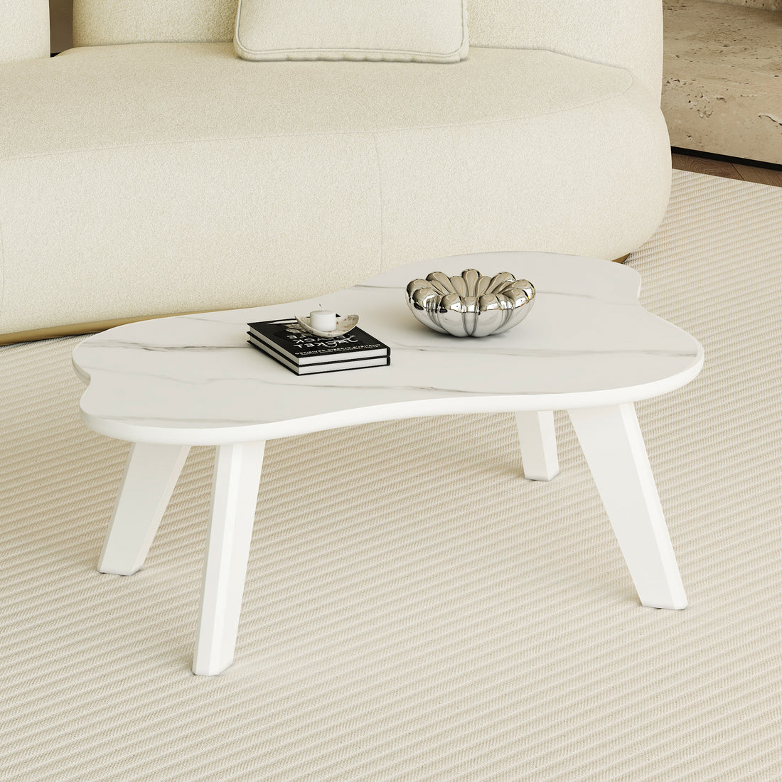 Modern Minimalist White Imitation Marble Tabletop Coffee Table. Solid Wood Spray Painted Desk Legs, Cloud Shape To Give You A Experience, Computer Desk. Suitable For Dining And Living Rooms. White Mdf
