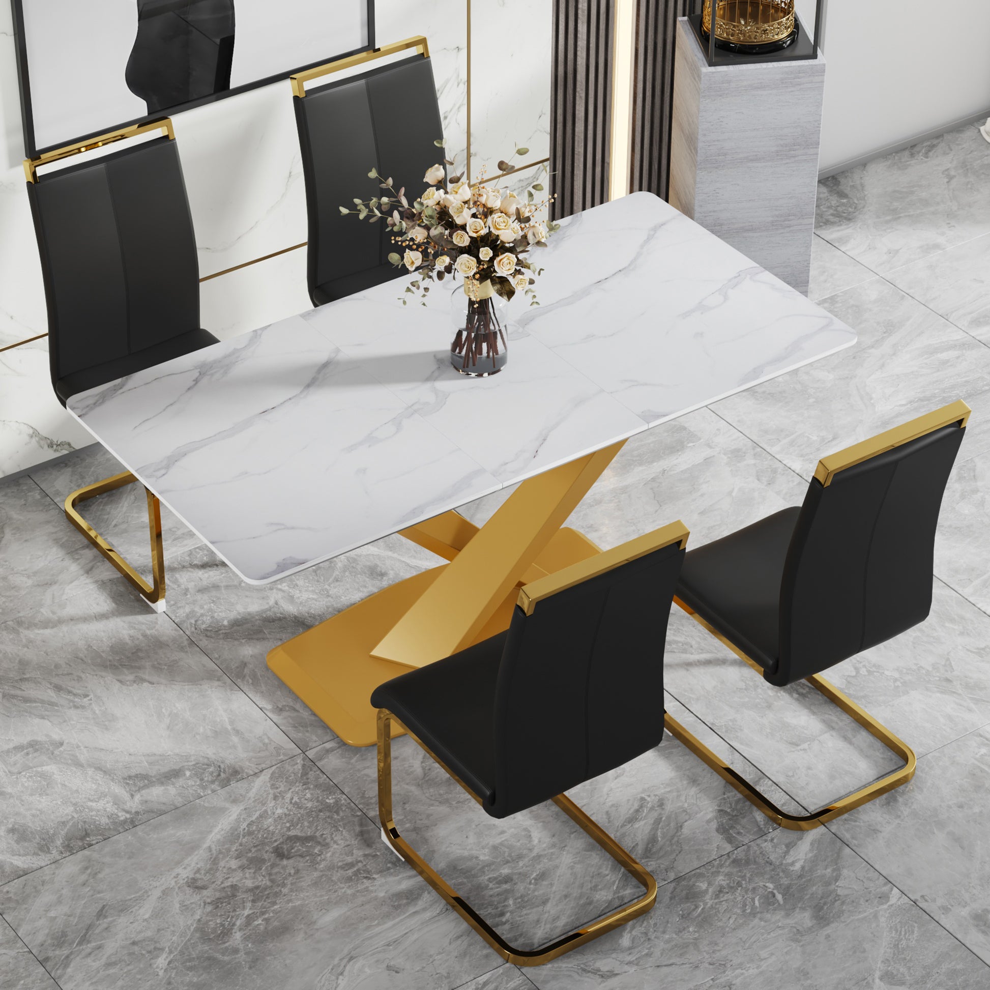 Table And Chair Set, The Table Is Equipped With A Marble Patterned Mdf Tabletop And Gold Table Legs.The Chair Is Equipped With Pu Synthetic Leather High Back Cushion And Gold Coated Metal Legs. Gold Black Seats 4 Mdf Metal