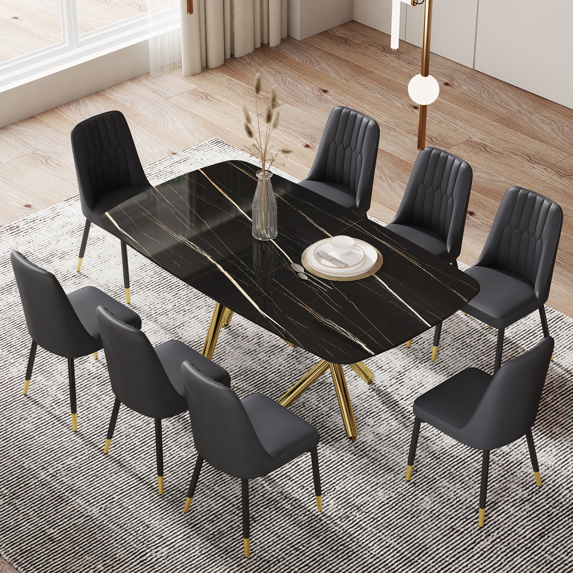 Large Modern Minimalist Rectangular Dining Table With 0.39 "Imitation Marble Black Desktop And Gold Metal Legs, Paired With 8 Chairs With Pu Cushions And Black Metal Legs.F 1538 C 007 Black Gold Glass Metal