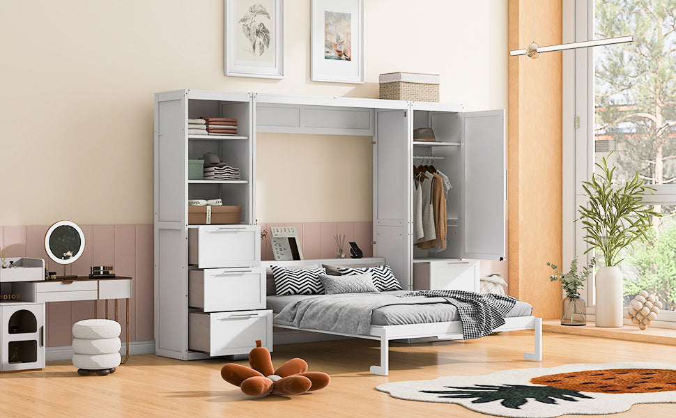 Queen Size Murphy Bed Wall Bed With Closet ,Drawers And Shelves,White Queen White Mdf Lvl