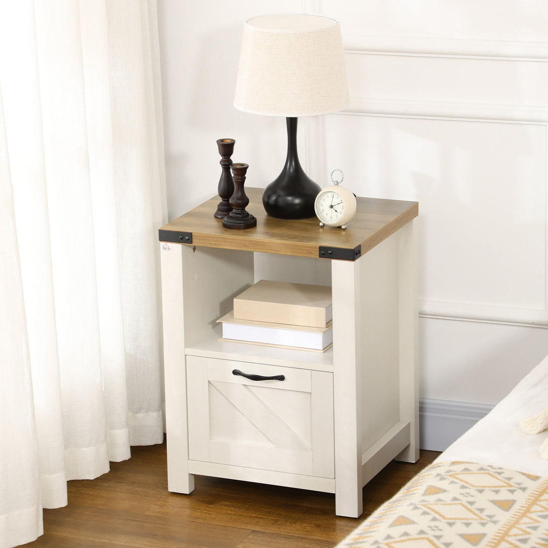 Homcom Farmhouse Side Table With Storage For Living Room White White Particle Board