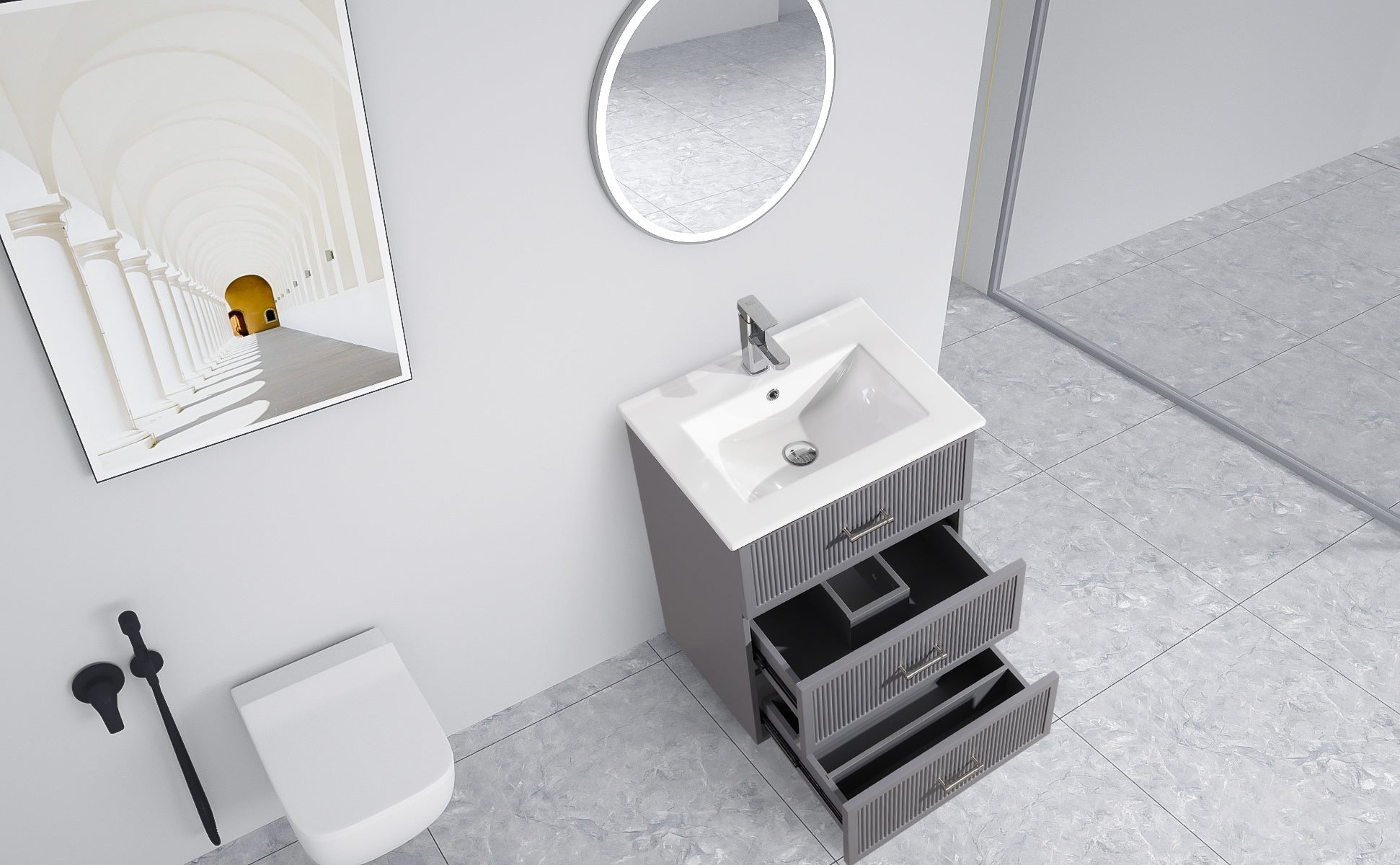 24 Inch Bathroom Vanity With Ceramic Sink Set, Modern Freestanding Bathroom Storage Cabinet With 2 Drawers, Floor Standing Bath Vanity Combo, Gray Grey Mdf