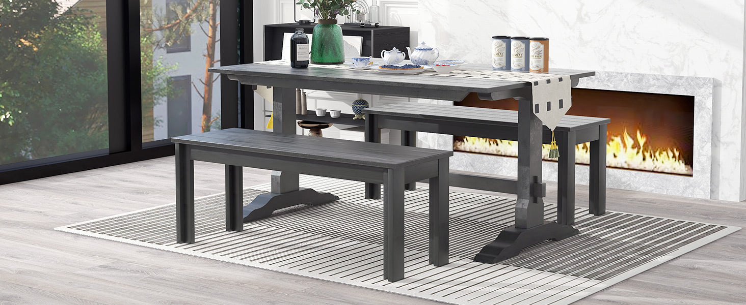 3 Piece Retro Dining Set, Rectangular Trestle Table And 2 Wood Benches For 4 People For Dining Room And Kitchen Grey Grey Solid Wood Mdf