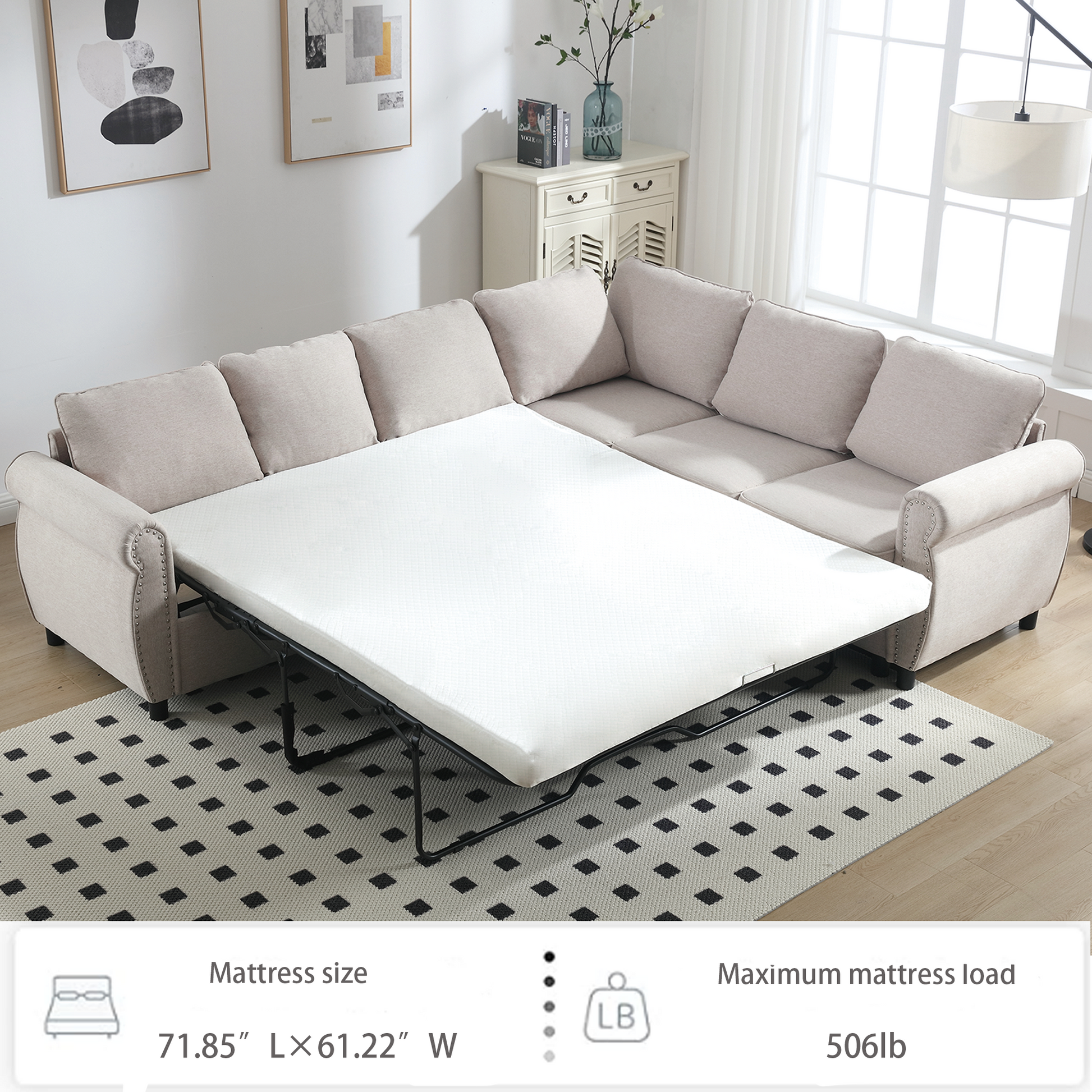 Arrived Sleeper Sofa, 2 In 1 Pull Out Couch Bed,6 Seater Sofa Bed, L Shaped Sleeper Sectional Sofa Couch,Riveted Sofa,104'' Large Combined Sofa Bed In Living Room, Beige Beige Polyester Wood Primary Living Space Medium Soft Cushion Back Modern Polyester