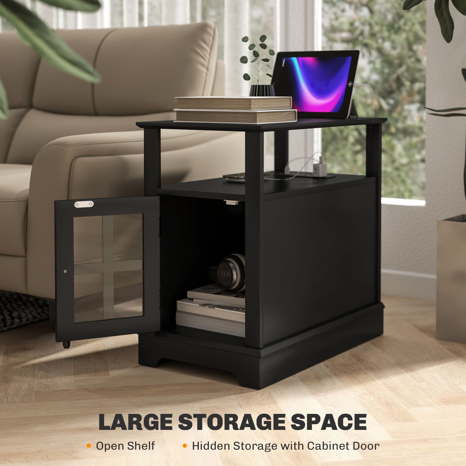 Homcom End Table With Charging Station, Narrow Side Table With Usb Ports And Outlets, Small Table With Hidden Storage And Open Shelf For Living Room, Black Black Mdf