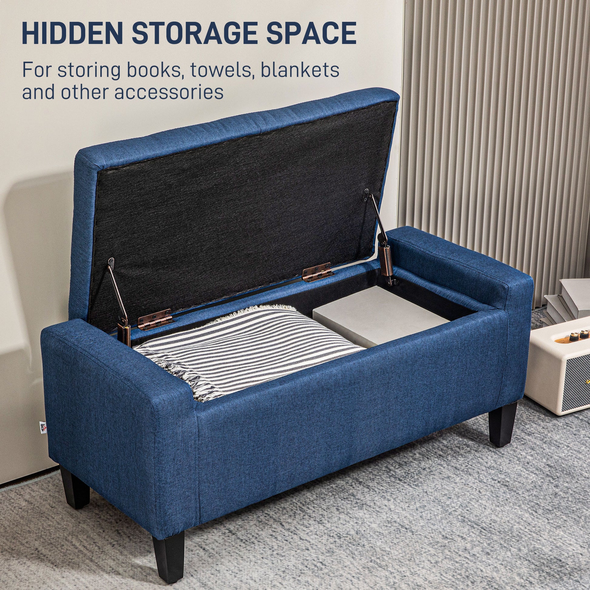 Homcom Storage Ottoman, Linen Upholstered Storage Bench With Lift Top And Button Tufted For Living Room, Dark Blue Blue Polyester