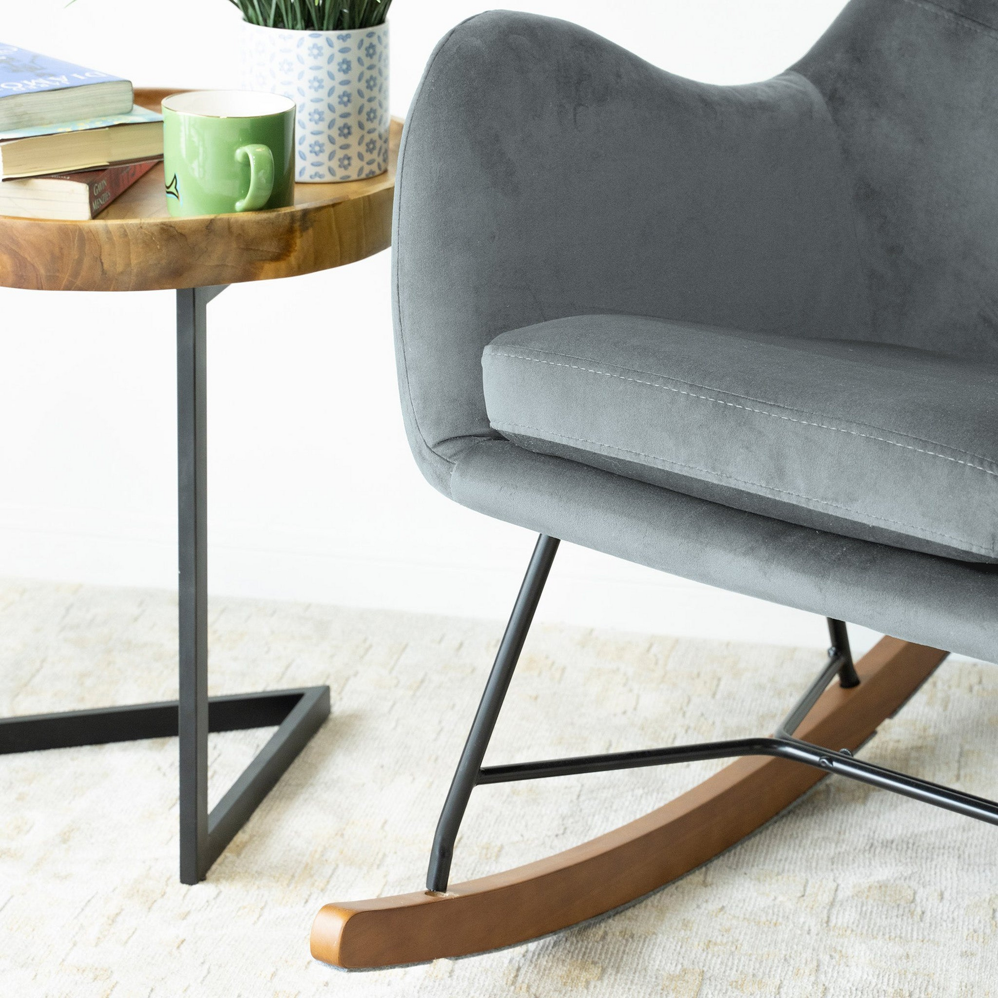 Chelsea Grey Velvet Rocking Chair Solid Light Gray Bedroom Foam Wipe Clean Mid Century Modern Rocking Chairs Foam Velvet