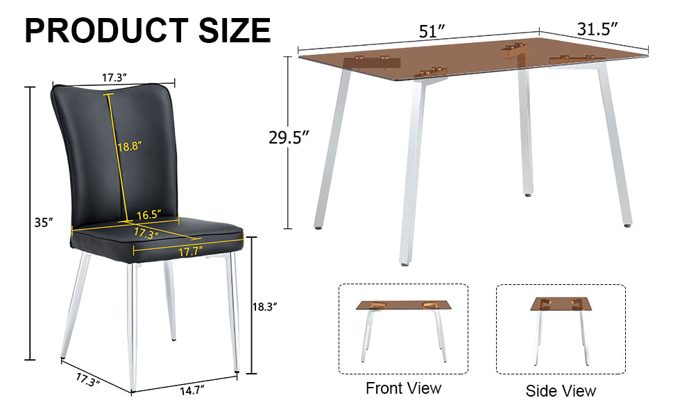 Table And Chair Set. Large Modern Rectangular Table With Brown Glass Top And Silver Metal Legs. It Comes With Soft And Comfortable Pu Seats, Faux Leather Upholstered Seats And Silver Metal Legs. Black,Brown Seats 4 Glass Metal